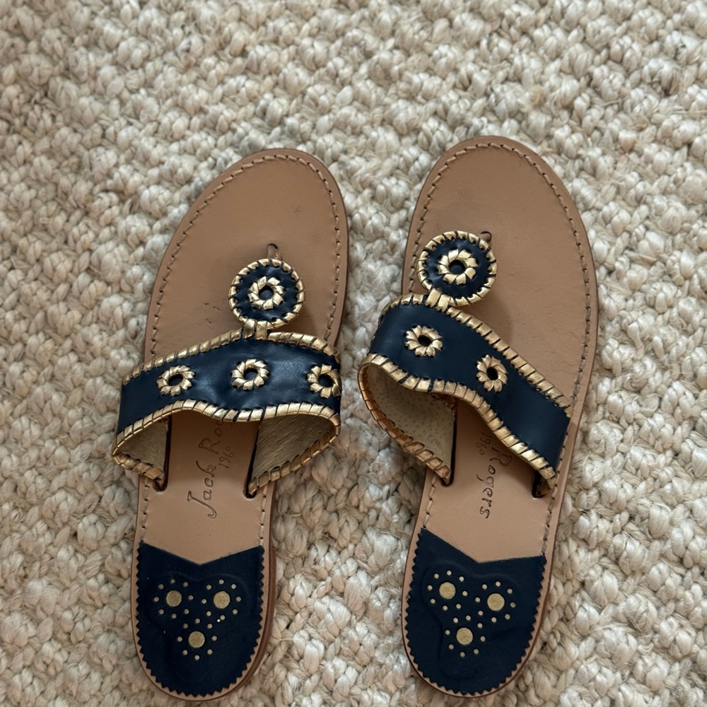 Jack Rogers Blue and Gold Sandals with Medallion Design